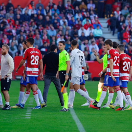 Momento en el que los jugadores del Granada y el Athletic salen del campo.