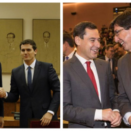 Albert Rivera y Pedro Sánchez, tras firmar el pacto en 2015, y Juan Marín y Juanma Moreno Bonilla, socios de gobierno en Andalucía.