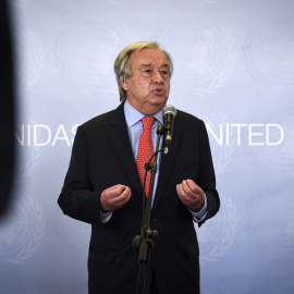 El secretario general de Naciones Unidas, Antonio Guterres, interviene en rueda de prensa, en el X aniversario del Centro de Naciones Unidas de Teconlogía, a 1 de julio de 2021, en Quart de Poblet, Valencia.