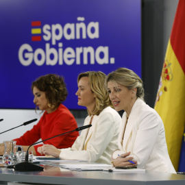 6/2/24 - Las ministras María Jesús Montero, Pilar Alegría y Yolanda Díaz ofrecen una rueda de prensa después de la reunión del Consejo de Ministros este martes en Madrid.