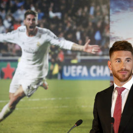 El defensa del Real Madrid, Sergio Ramos, durante el acto oficial de su renovación por el club merengue, en el palco de honor del estadio Santiago Bernabéu. REUTERS/Juan Medina