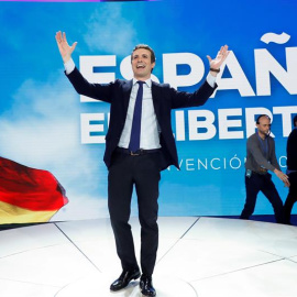 El presidente del PP, Pablo Casado, durante la clausura de la Convención Nacional del Partido Popular que se ha celebrado desde el viernes el Recinto Ferial IFEMA de Madrid. EFE/Chema Moya