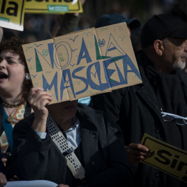 Varias personas protestan durante una manifestación contra la celebración de la mascletá madrileña, en el Puente del Rey de Madrid Río, el 18 de febrero de 2024, en Madrid (España).