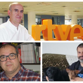 Los miembros del Consejo de Informativos de Medios Interactivos de RTVE que dimitieron tras la cobertura de los Goya de Inés Hernand. Alejandro Vega (arriba), Santiago Riesco (Izquierda) y Óscar López Canencia (derecha).