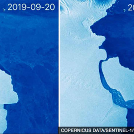 El gran iceberg de más de 1.600 kilómetros cuadrados y que contiene 315 gigatoneladas de hielo que se ha separado de la plataforma de hielo Amery de la Antártida Oriental.