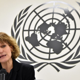 Imagen de archivo de Agnes Callamard, relatora especial de la ONU sobre asesinatos extrajudiciales, durante una conferencia de prensa en San Salvador | AFP