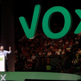 El líder de Vox, Santiago Abascal, durante un acto de precampaña celebrado este domingo en el Palacio de Vistalegre bajo el lema "Vistalegre Plus Ultra", que servirá como arranque oficial de las elecciones del 10 de noviembre. EFE/Mariscal