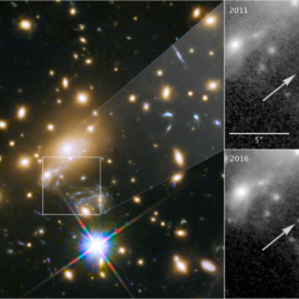 Imagen a color del cúmulo MACS J1149+2223 observado por el telescopio Hubble. A la derecha, se muestra la zona del cielo tomada en 2011 donde no se ve la estrella Ícaro, comparada con la imagen de 2016 donde se aprecia claramente esta super