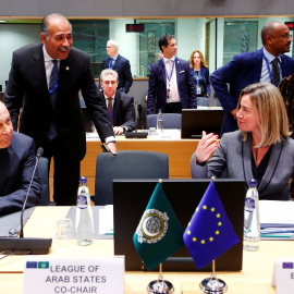 Arab League Secretary-General Ahmed Abul Gheit and EU foreign policy chief Federica Mogherini attend a joint meeting of European Union and League of Arab States foreign ministers in Brussels, Belgium February 4, 2019. REUTERS/Francois Lenoi