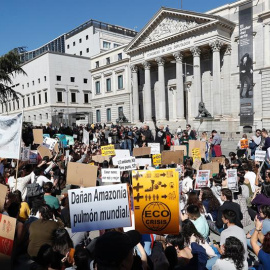 Un centenar de estudiantes se concentra frente al Congreso de los Diputados para exigir medidas contra el cambio climático./EFE