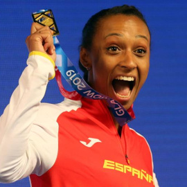 Gold medalist Ana Peleteiro of Spain reacts during the award ceremony for the women's triple jump at the 35th European Athletics Indoor Championships, Glasgow, Britain, 03 March 2019. (Triple salto, España) EFE/EPA/ROBERT PERRY