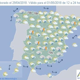 Mapa significativo elaborado por la AEMET el 29/04/2018 válido para el 01/05/2018 de 12 a 24 horas. EFE