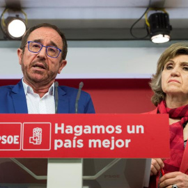 El secretario de Justicia y Nuevos Derechos, Andrés Perelló, y la secretaria de Sanidad, Luisa Carcedo, durante la rueda de prensa en la que han han presentado una proposición de ley de regulación de la eutanasia. EFE