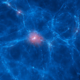 Distribución del gas en red cósmica simulada por el investigador Claudio Dalla Vecchia del IAC. En el centro del halo rojo destaca una galaxia en formación. Los cálculos se han realizado en el supercomputador Mare Nostrum dentro del proyect