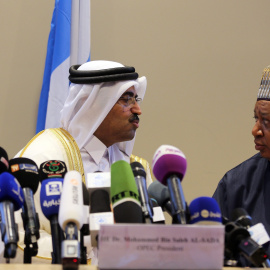 El ministro catarí de Energía y presidente de la OPEP, Mohammed Saleh Abdulla Al Sada, habla con el secretario general del cártel petrolero, Muhammed Barkindo, tras el Foro Internacional de Energía, en Argel. EFE/MOHAMED MESSARA