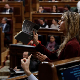 La portavoz del PP, Cayetana Alvarez de Toledo, esgrime la Constitución y el Reglamento del Congreso este domingo en la segunda jornada del debate de investidura de Pedro Sánchez como presidente del Gobierno. EFE/Juan Carlos Hidalgo