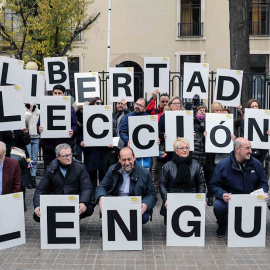 18/01/2020.- Varias personas participan en la concentración "Por la libertad de elección de lengua" en la Educación, celebrada este sábado en Valencia, a la que han anunciado su respaldo PP, Ciudadanos y Vox. EFE/Ana Escobar