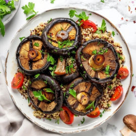 Portobello asado sobre ensalada de quinoa. 