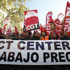 Cabecera de la manifestación en Madrid de los trabajadores de 'contact center', en la que participaron Pablo Iglesias, Íñigo Errejón y Alberto Garzón. E.P.