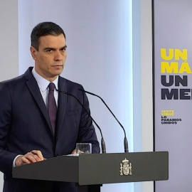 Captura tomada de la señal institucional del Palacio de la Moncloa del presidente del Gobierno, Pedro Sánchez, durante la rueda de prensa que ofreció este sábado en el Palacio de la Moncloa, en Madrid. EFE/Palacio de la Moncloa