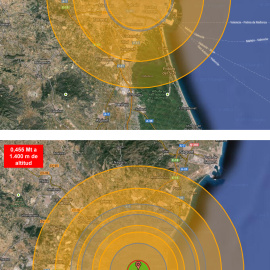 Detonación de 455 kt a 10.000 y 1.400 m sobre la ciudad de Valencia, España.