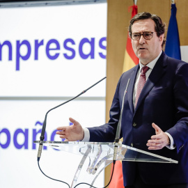 El presidente de la CEOE, Antonio Garamendi, en la presentación de un informe en la sede de la patronal, en Madrid. E.P./Carlos Luján