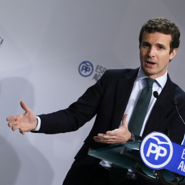 El vicesecretario de Comunicación del Partido Popular, Pablo Casado, durante la rueda de prensa que ofreció en la sede de Génova tras la reunión del Comite de Dirección del Partido Popular. EFE/MARISCAL