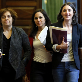 La portavoz de Unidos Podemos, Irene Montero, a la salida de la Junta de Portavoces celebrada en el Congreso de los Diputados. EFE/Mariscal