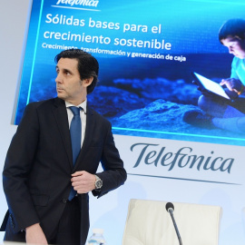 El presidente de Telefónica, José María Álvarez-Pallete, durante la rueda de prensa que ha ofrecido con motivo de la presentación de los resultados anuales de la compañía. EFE/Fernando Villar