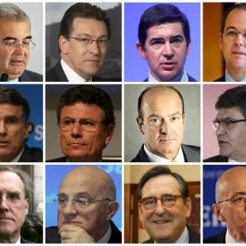 De izquierda a derecha y de arriba a abajo:  Ana Botín (Santander), Ángel Ron (Popular), Antonio Massanell Lavilla (Caixabank), Carlos Torres (BBVA), Francisco Aparicio Valls (Popular), Francisco Gómez Martín (Popular), Gonzalo Gortázar (Ca