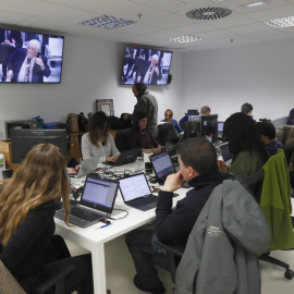 Vista de la sala de prensa de la Audiencia Nacional durante la declaración del exconseller catalán de Economía Macià Alavedra en el juicio del caso Pretoria. EFE/Javier Lizón