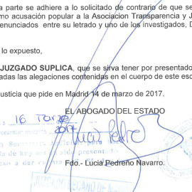 Fragmento de la alegación del abogado del Estado reclamando la expulsión de la causa del pequeño Nicolás al excomisario Villarejo por sus vínculos con la Asociación Transparencia y Justicia.