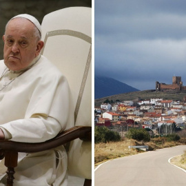  A la izquierda, el Papa Francisco fotografiado el 31 de enero de 2024 en el Vaticano. Foto: Evandro Inetti/ZUMA Press Wire/dpa. A la derecha, Trasmoz, provincia de Zaragoza (España).