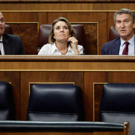 El líder del PP, Alberto Núñez Feijóo (d) la secretaria general, Cuca Gamarra, y el portavoz, Miguel Tellado, durante el Pleno del Congreso de los Diputados celebrado este pasado miércoles. EFE/Sergio Pérez