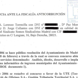 Encabezado de la denuncia ante la Fiscalía Anticorrupción presentada por los portavoces del sindicato Somos Sindicalistas Madrid por las posibles irregularidades de las subcontratas del programa informático +TIL.