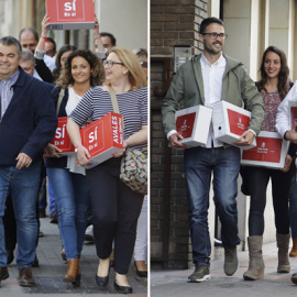 Los militantes en representación del ex secretario general del PSOE Pedro Sánchez (izq.), y el equipo de Susana Díaz, Nino Torres (der.), a su llegada a la sede socialista en la madrileña calle de Ferraz para entregar los avales. EFE