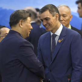 El presidente del gobierno de España, Pedro Sánchez, saluda su homólogo de China, Xi Jinping, durante la apertura de la Cumbre de jefes de Estado del G20, en Río de Janeiro, (Brasil).