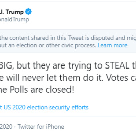  Una captura de pantalla de un tweet del presidente de Estados Unidos, Donald Trump, publicado la noche de las elecciones estadounidenses. Europa Press.