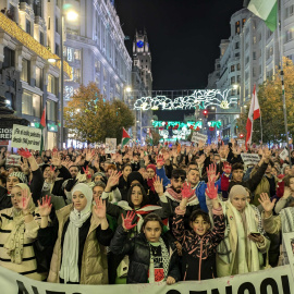 Miles de personas exigen el alto al fuego en Gaza y la ruptura de las relaciones entre España e Israel, en Gran Vía (Madrid), a 30 de noviembre de 2024.