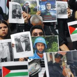 Periodistas mexicanos participan en una acción solidaria y protesta por los colegas detenidos, desaparecidos y asesinados en Gaza, a 5/12/2024.