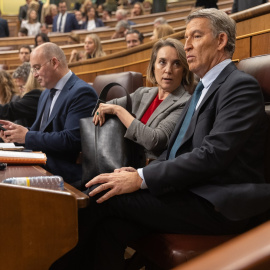 El portavoz del PP en el Congreso, Miguel Tellado, la secretaria general del PP, Cuca Gamarra, y el presidente del Partido Popular, Alberto Núñez Feijóo.