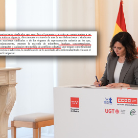 Isabel Díaz Ayuso, presidenta de la Comunidad de Madrid, en la firma del convenio colectivo del personal  laboral al servicio de la administración de la CAM (2025-2028), el 10 de diciembre de 2024