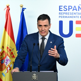 El presidente del Gobierno español, Pedro Sánchez, durante una rueda de prensa de la cumbre del Consejo Europeo, a 19 de diciembre de 2024.