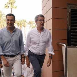 (Foto de ARCHIVO)El presidente del PP, Alberto Núñez Feijóo, junto al presidente de la Junta de Andalucía, Juanma Moreno, este verano en Málaga.Álex Zea / Europa Press19/7/2024