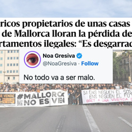 Montaje de una manifestación contra la especulación de la vivienda en Mallorca junto a un tuit en la red social X.