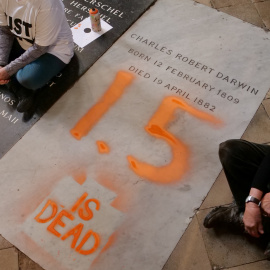 Activistas climáticos de 'Just Stop Oil' protestan después de pintar sobre la tumba del naturalista británico Charles Darwin en la Abadía de Westminster en Londres, (Gran Bretaña).