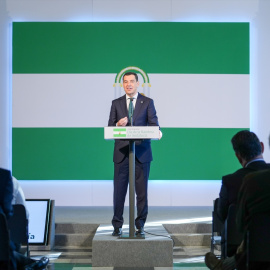 Juan Manuel Moreno Bonilla, durante el pasado acto institucional del Día de la Bandera de Andalucía.