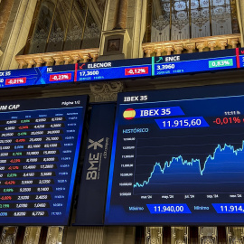 Paneles informativos con los datos de la marcha del mercado bursátil, en el patio de negociación de la Bolsa de Madrid.