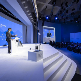 El presidente del Gobierno, Pedro Sánchez, durante su intervención este miércoles en el Foro Económico Mundial que se celebra en la ciudad suiza de Davos.