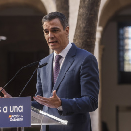 El presidente del Gobierno, Pedro Sánchez, interviene tras una reunión con agentes sociales, en la Delegación del Gobierno en la Comunidad Valenciana, en Madrid.